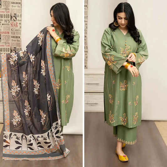 3- Piece Embroidered Dhanak Dress with Wool Shawl