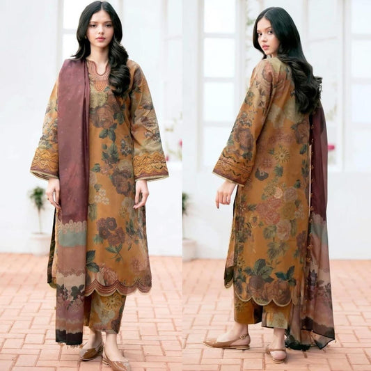 3- Piece Lawn Embroidered Dress With Lawn Dupatta